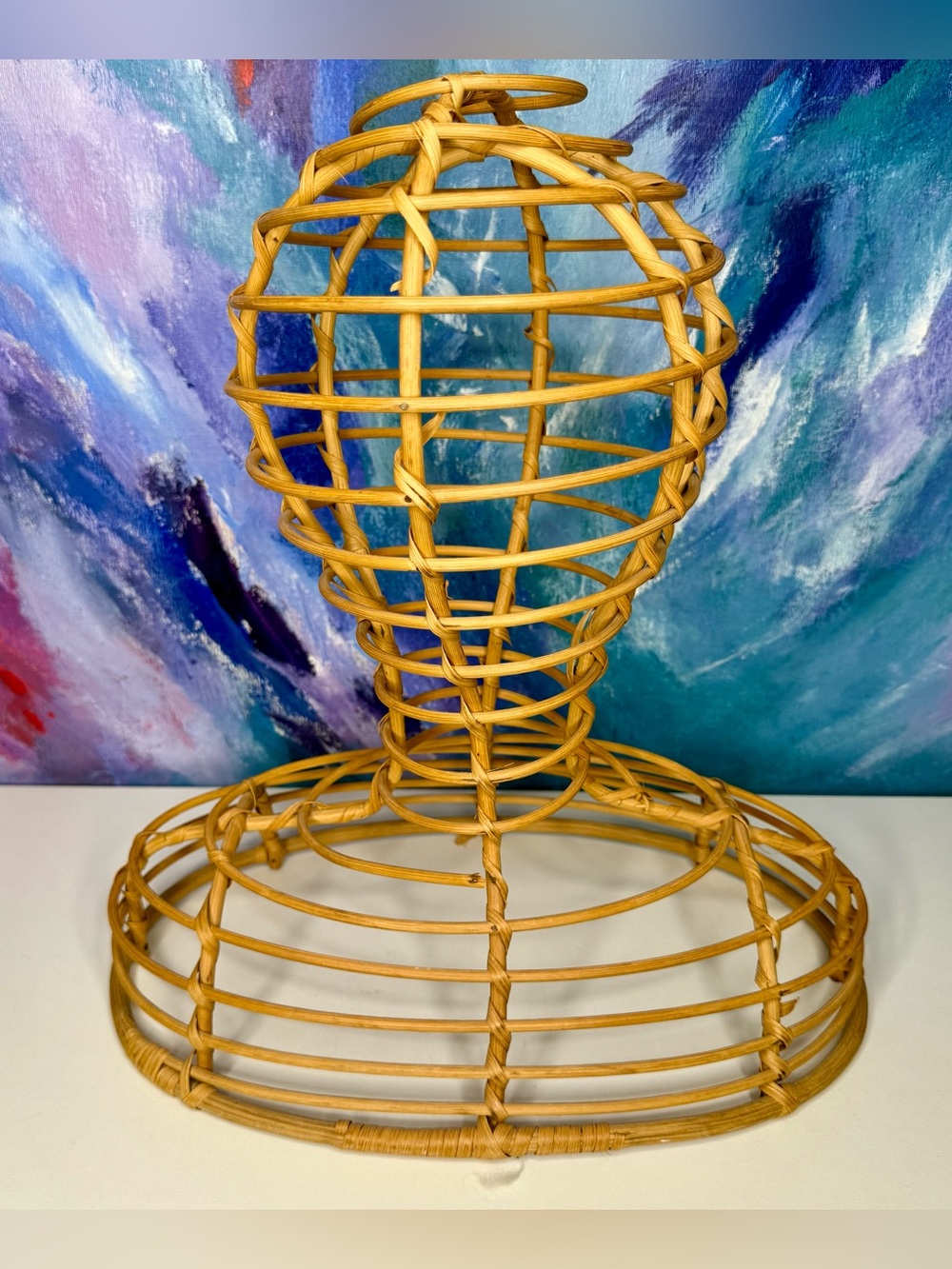 Wicker Rattan Head Hat Stand Mannequin Bust Midcentury Vintage Display Piece